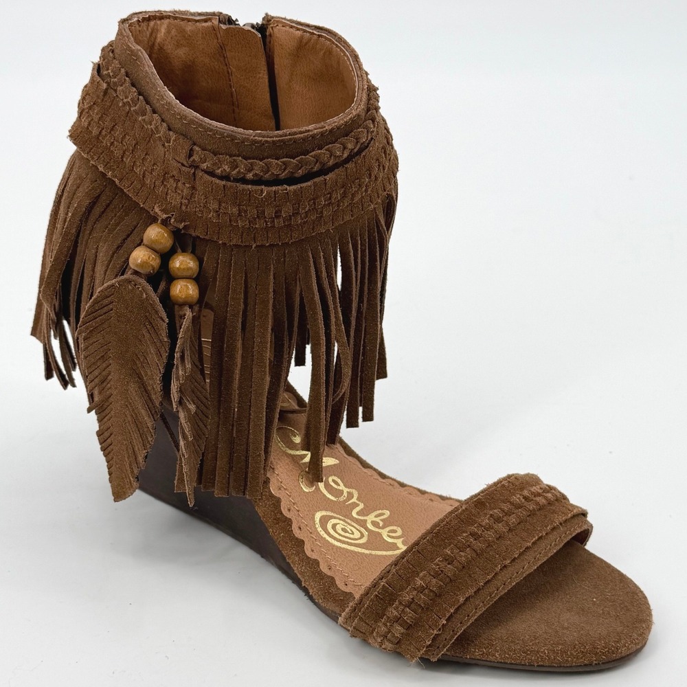 Naughty Monkey Brown Genuine Suede Ankle Fringe Wedge Sandals Womens 7.5